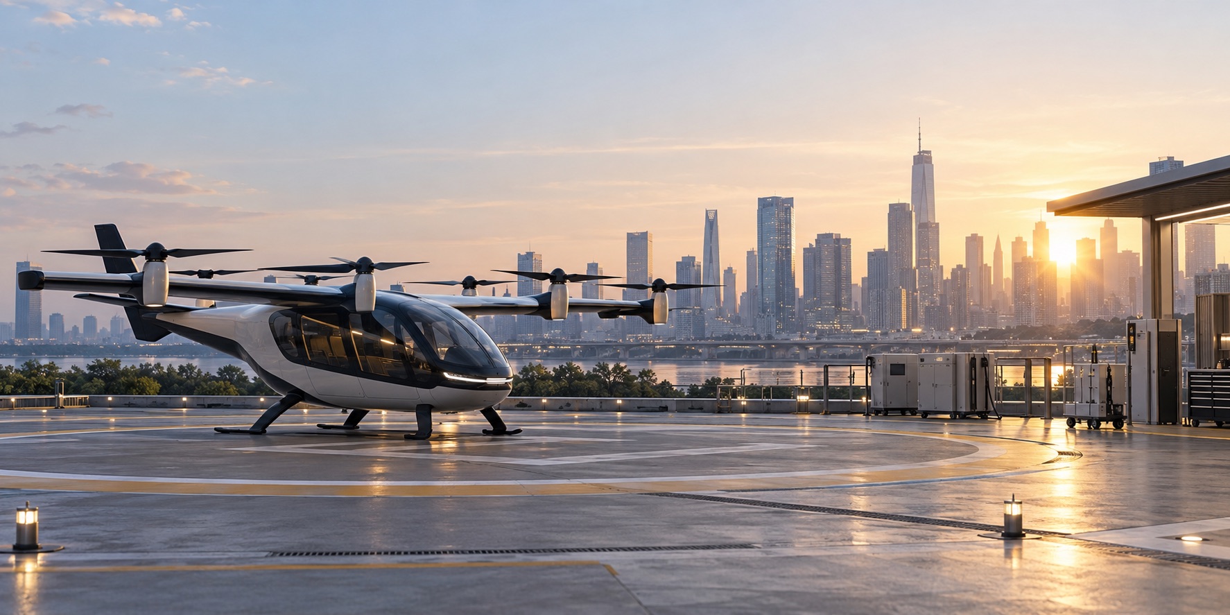 Illustration of a generic electric air taxi at an urban landing site
